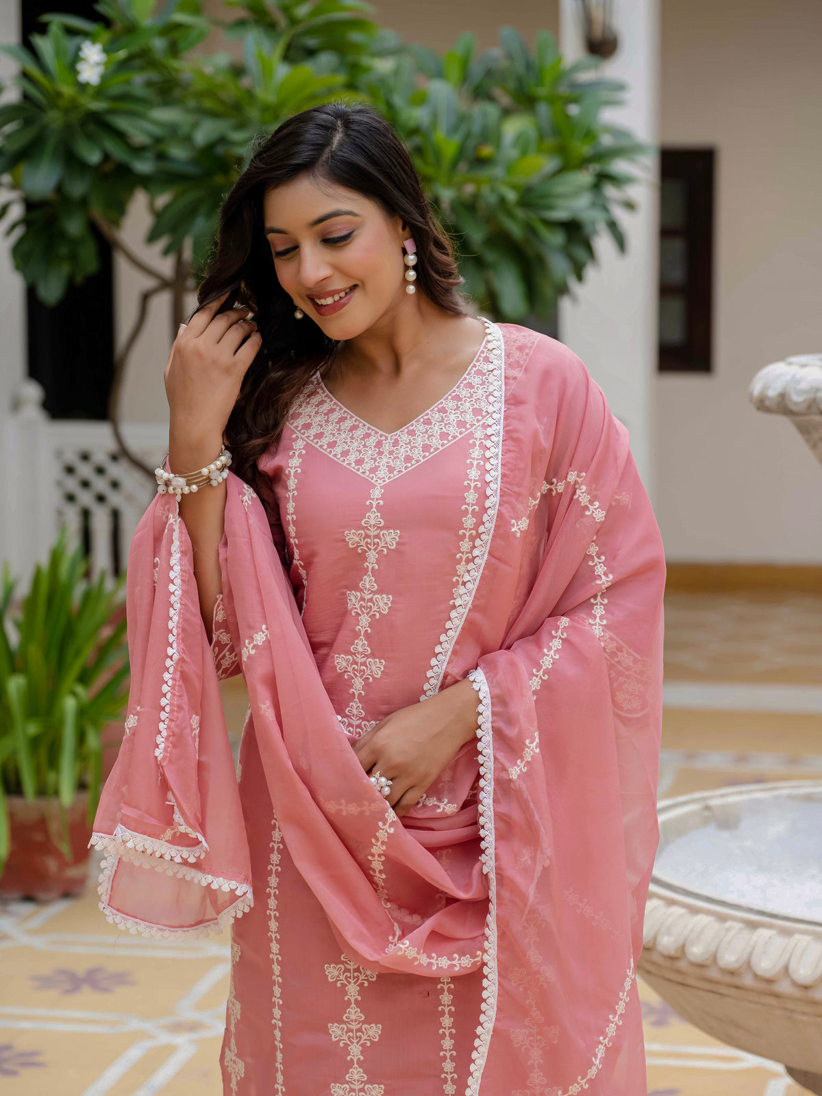 Women's Baby Pink Roman Silk Embroidered Kurta Pant Set with Organza Dupatta