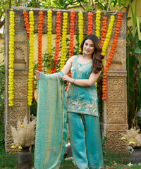 Women's Green Fendy Satin Embroidered Kurta Pant Set with Dupatta – VI-NITYA thumbnail