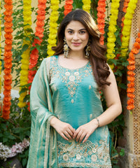 Women's Green Fendy Satin Embroidered Kurta Pant Set with Dupatta – VI-NITYA thumbnail