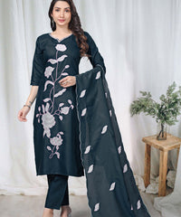 Women's Embroidered Cotton Kurti Pant Set with Dupatta thumbnail