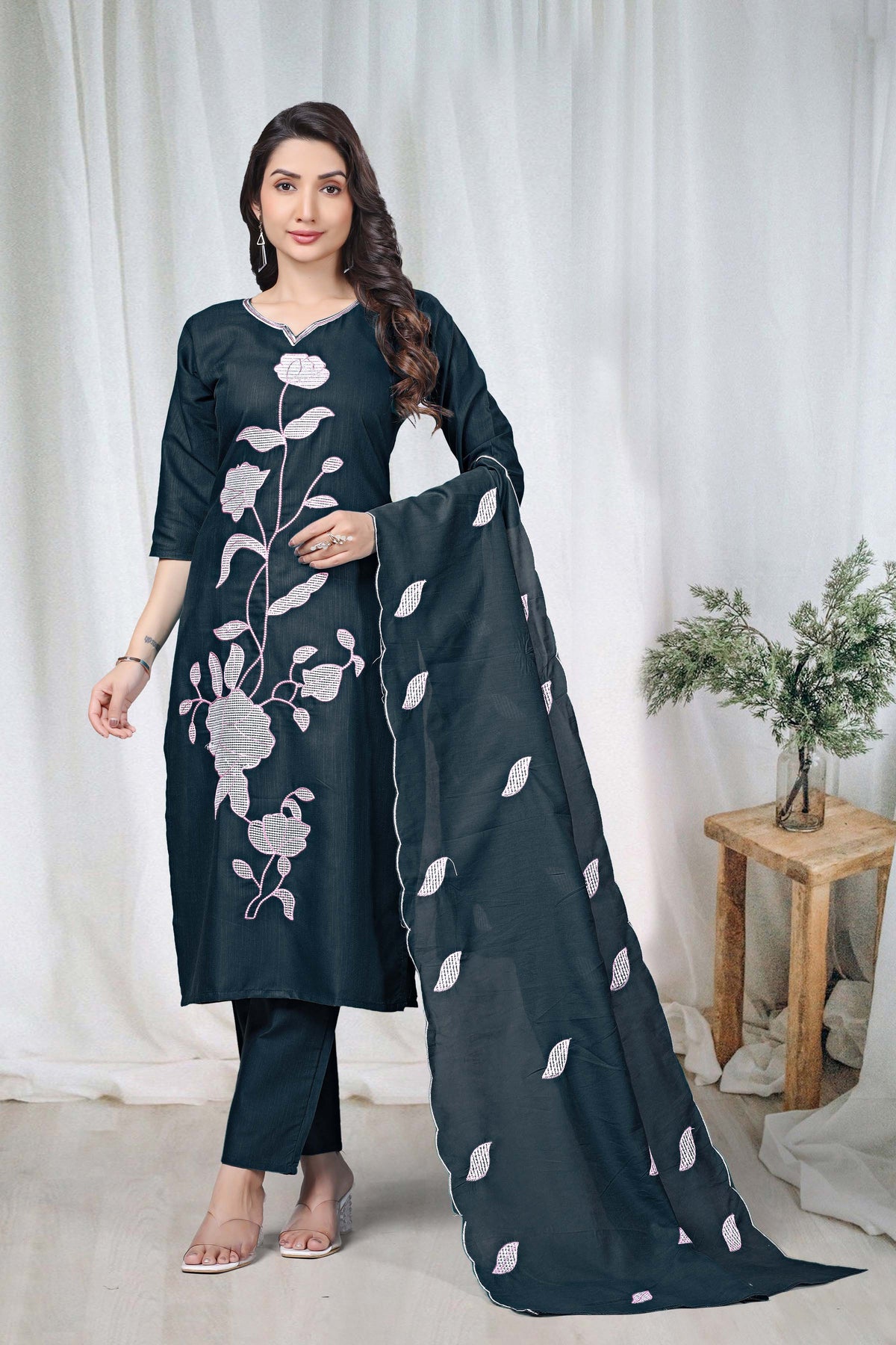 Women's Embroidered Cotton Kurti Pant Set with Dupatta