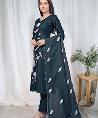 Women's Embroidered Cotton Kurti Pant Set with Dupatta thumbnail