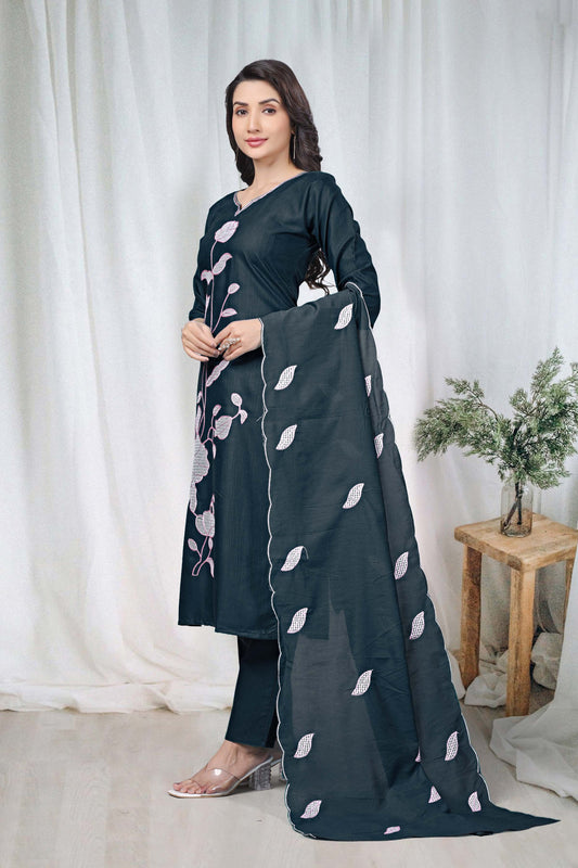 Women's Embroidered Cotton Kurti Pant Set with Dupatta