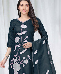 Women's Embroidered Cotton Kurti Pant Set with Dupatta thumbnail