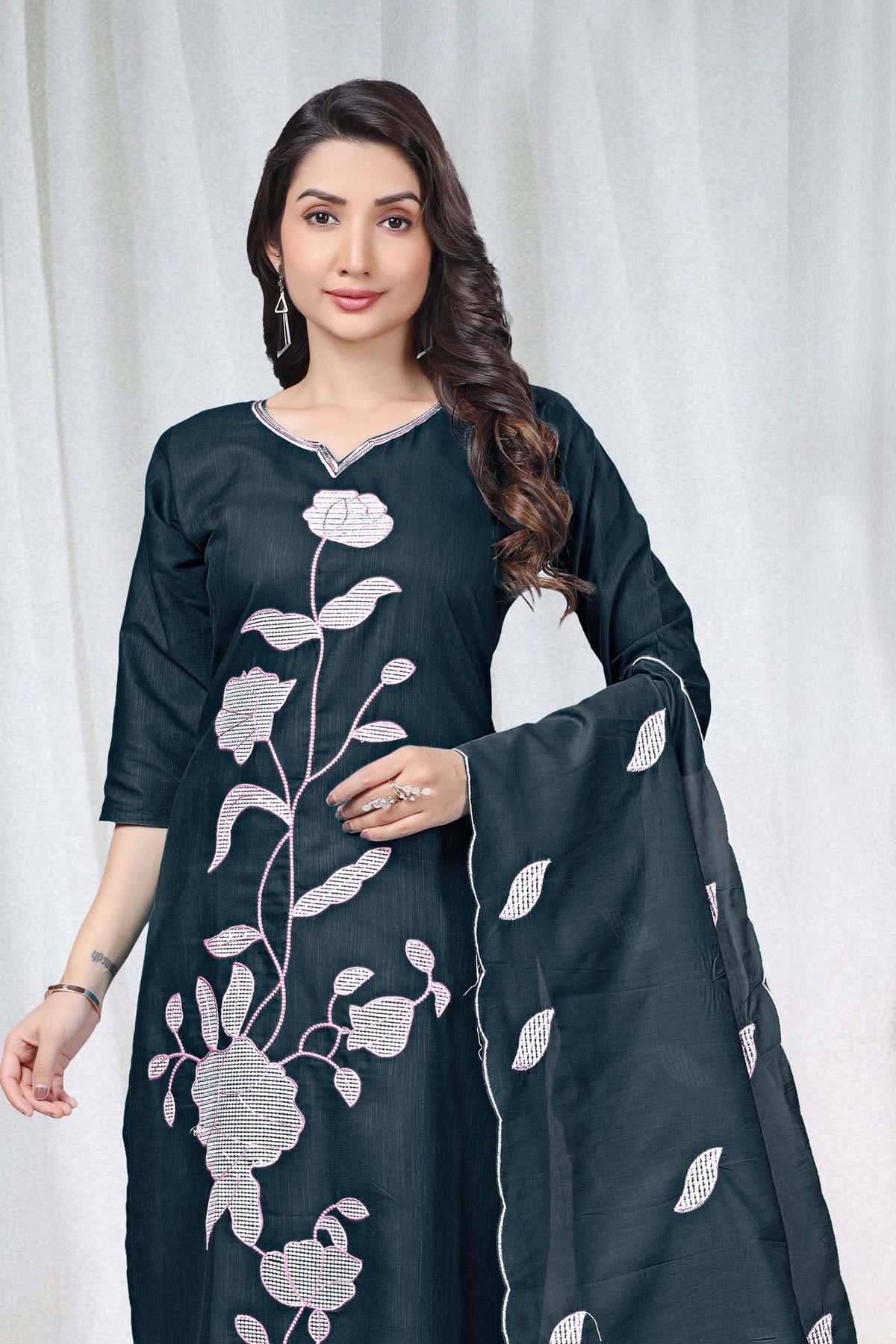 Women's Embroidered Cotton Kurti Pant Set with Dupatta