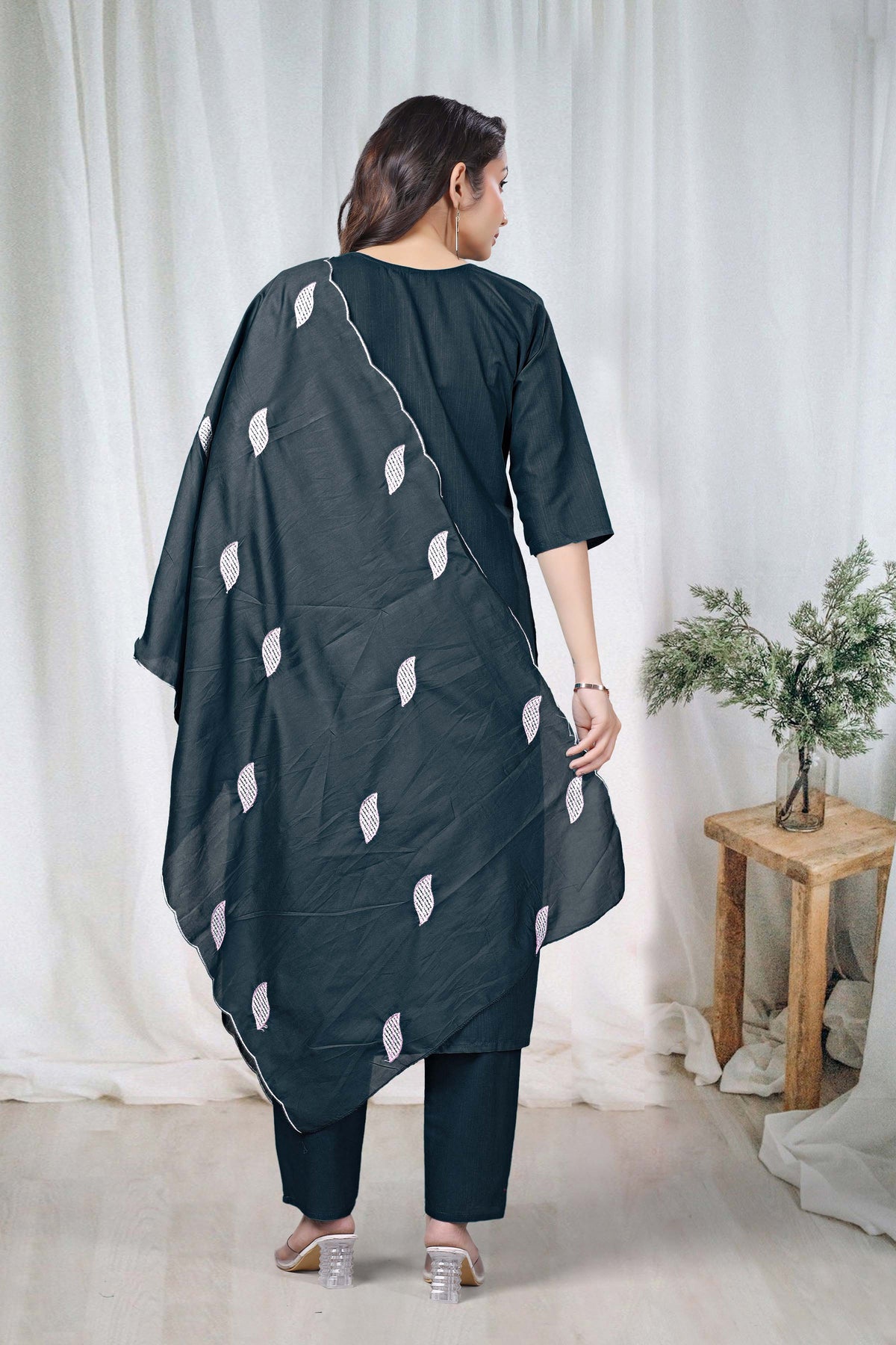 Women's Embroidered Cotton Kurti Pant Set with Dupatta