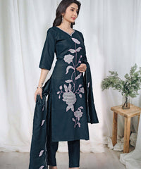 Women's Embroidered Cotton Kurti Pant Set with Dupatta thumbnail
