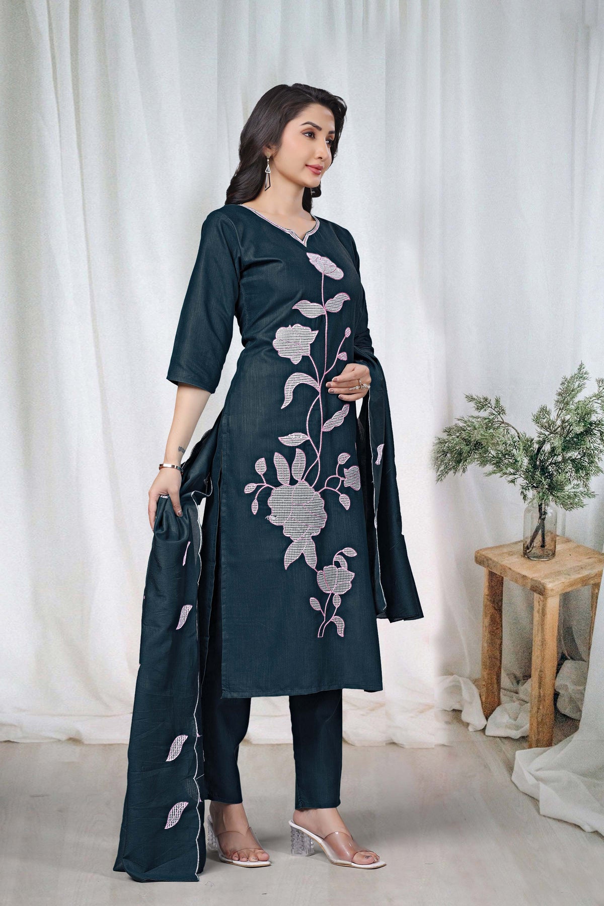 Women's Embroidered Cotton Kurti Pant Set with Dupatta