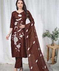 Women's Embroidered Cotton Kurti Pant Set with Dupatta thumbnail