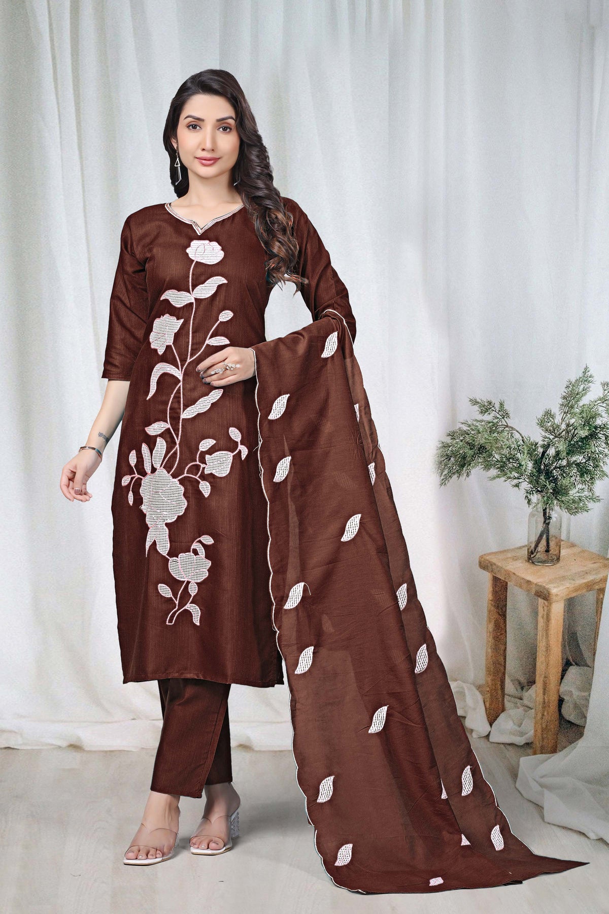 Women's Embroidered Cotton Kurti Pant Set with Dupatta