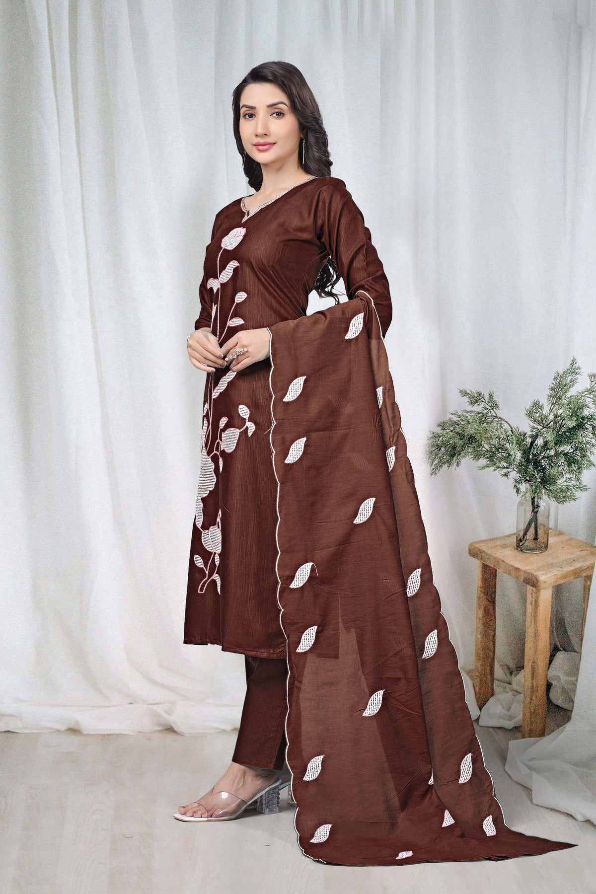 Women's Embroidered Cotton Kurti Pant Set with Dupatta