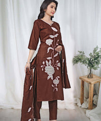 Women's Embroidered Cotton Kurti Pant Set with Dupatta thumbnail