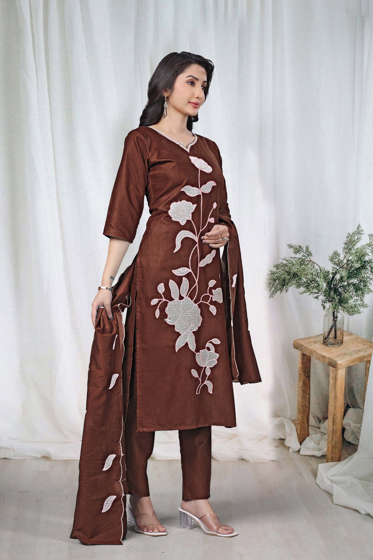 Women's Embroidered Cotton Kurti Pant Set with Dupatta