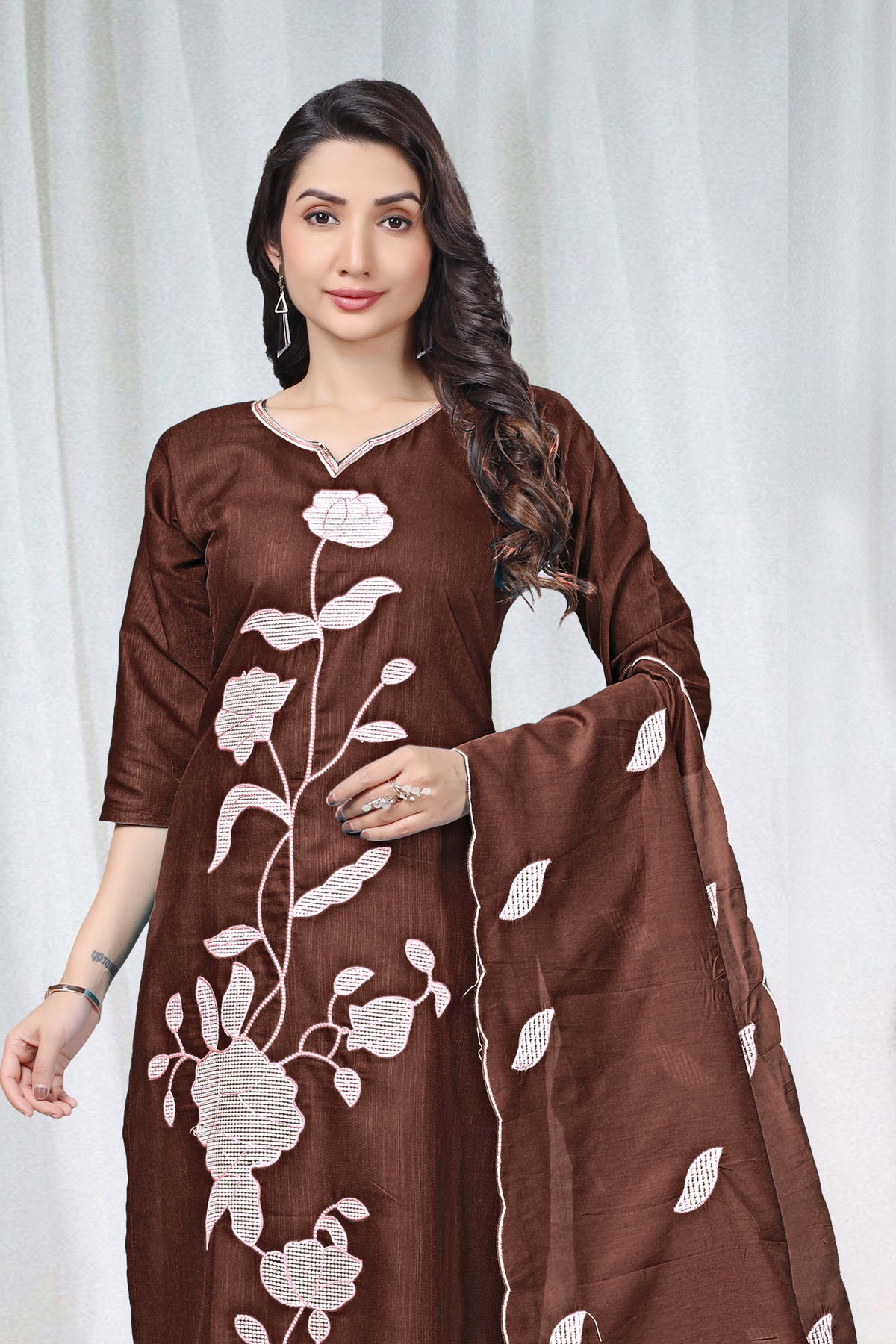 Women's Embroidered Cotton Kurti Pant Set with Dupatta