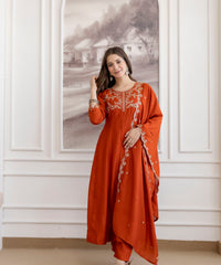 Women's Embroidered Vichitra Silk Kurta Pant Set with Dupatta thumbnail