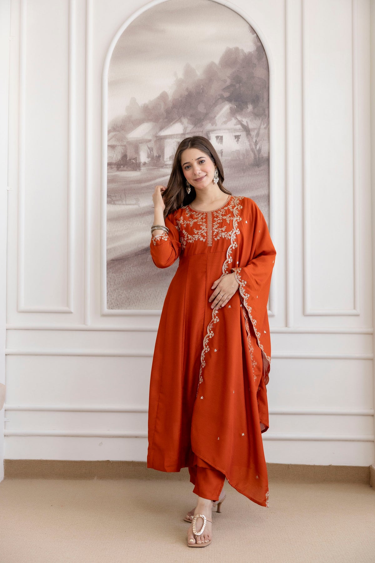 Women's Embroidered Vichitra Silk Kurta Pant Set with Dupatta