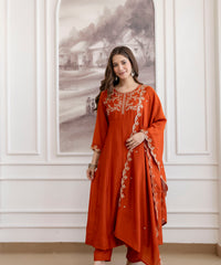 Women's Embroidered Vichitra Silk Kurta Pant Set with Dupatta thumbnail