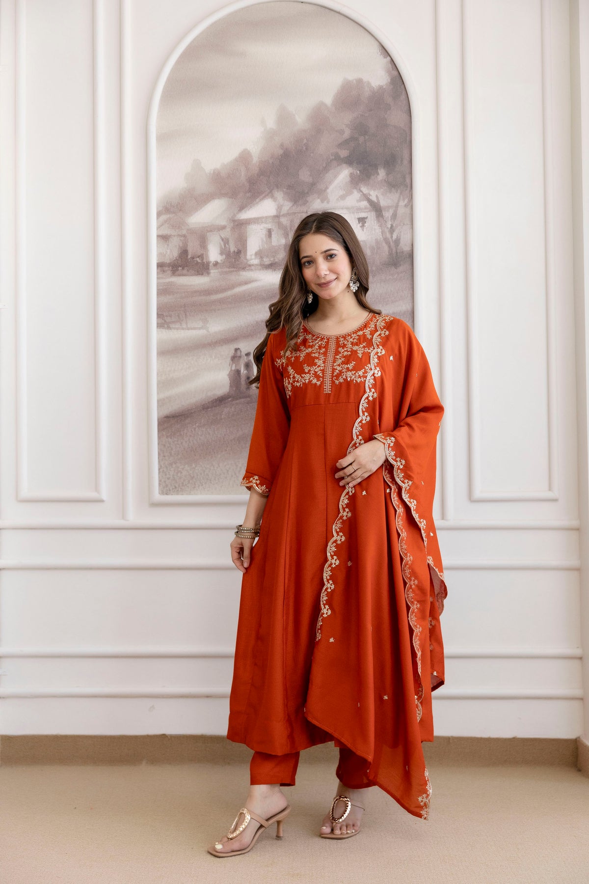 Women's Embroidered Vichitra Silk Kurta Pant Set with Dupatta
