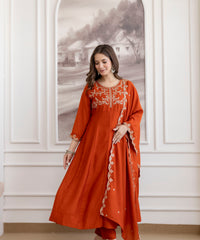 Women's Embroidered Vichitra Silk Kurta Pant Set with Dupatta thumbnail