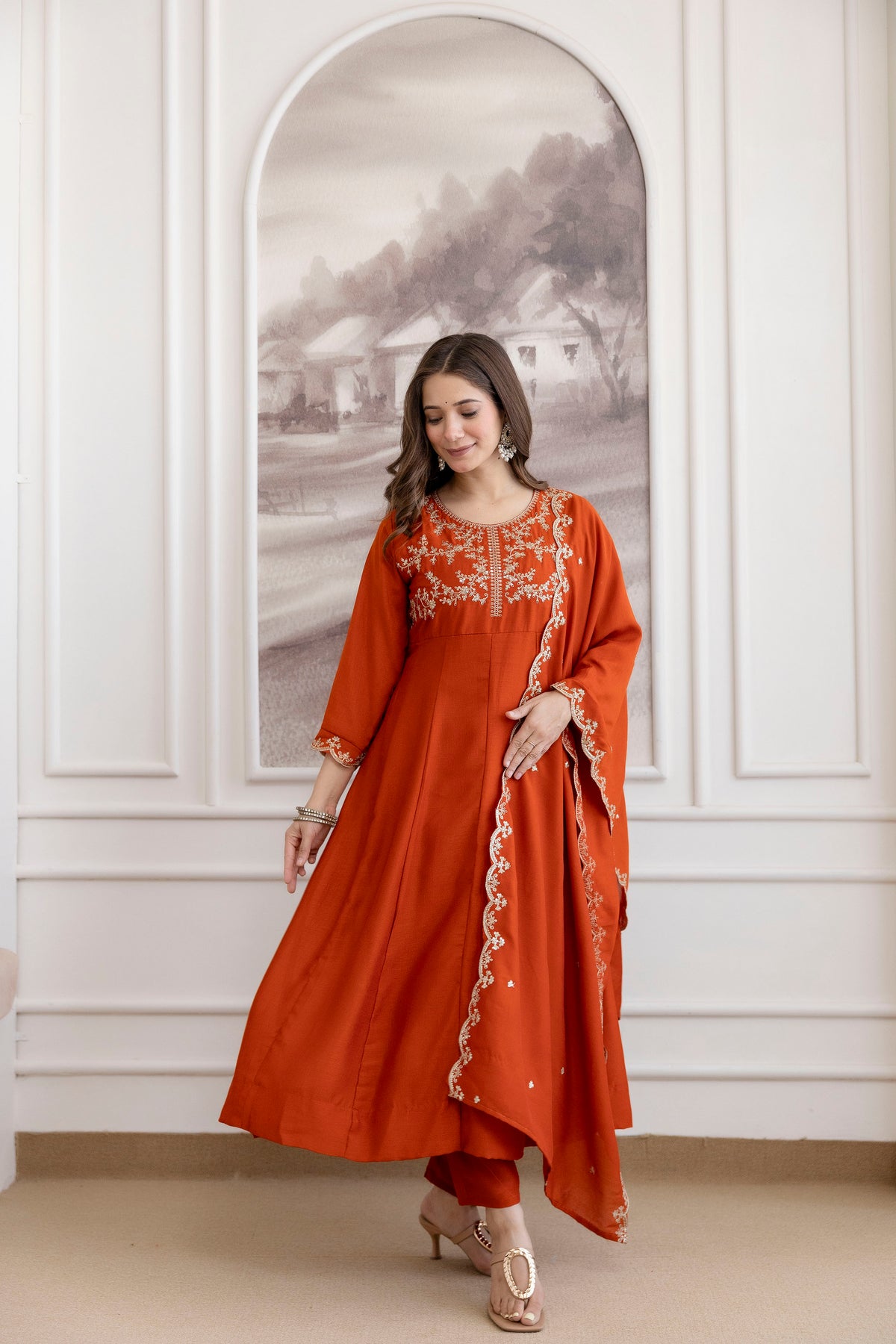Women's Embroidered Vichitra Silk Kurta Pant Set with Dupatta