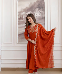 Women's Embroidered Vichitra Silk Kurta Pant Set with Dupatta thumbnail