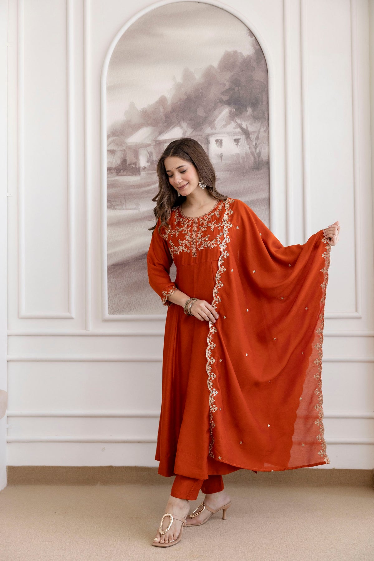 Women's Embroidered Vichitra Silk Kurta Pant Set with Dupatta