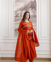 Women's Embroidered Vichitra Silk Kurta Pant Set with Dupatta thumbnail