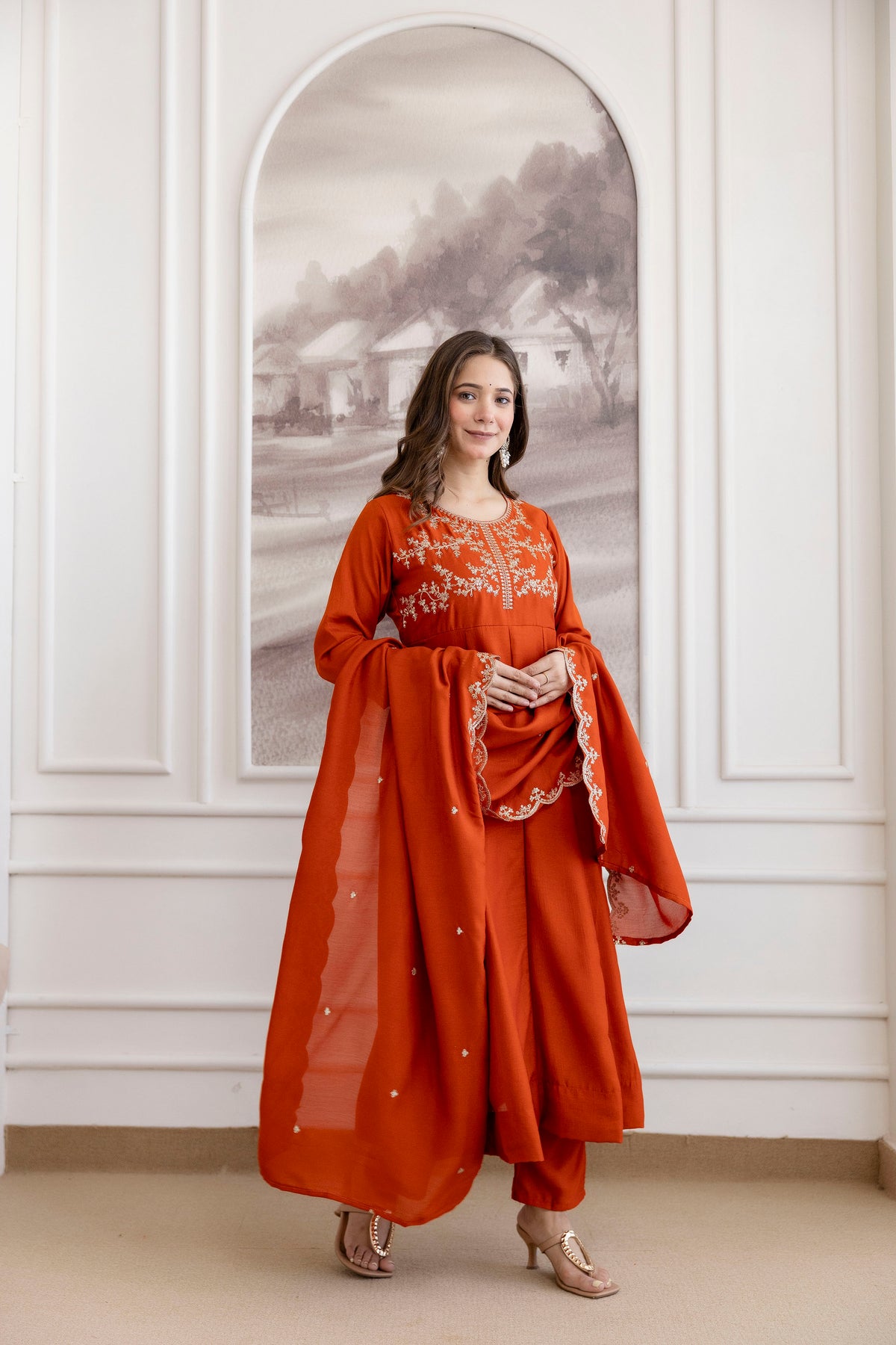 Women's Embroidered Vichitra Silk Kurta Pant Set with Dupatta