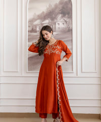 Women's Embroidered Vichitra Silk Kurta Pant Set with Dupatta thumbnail