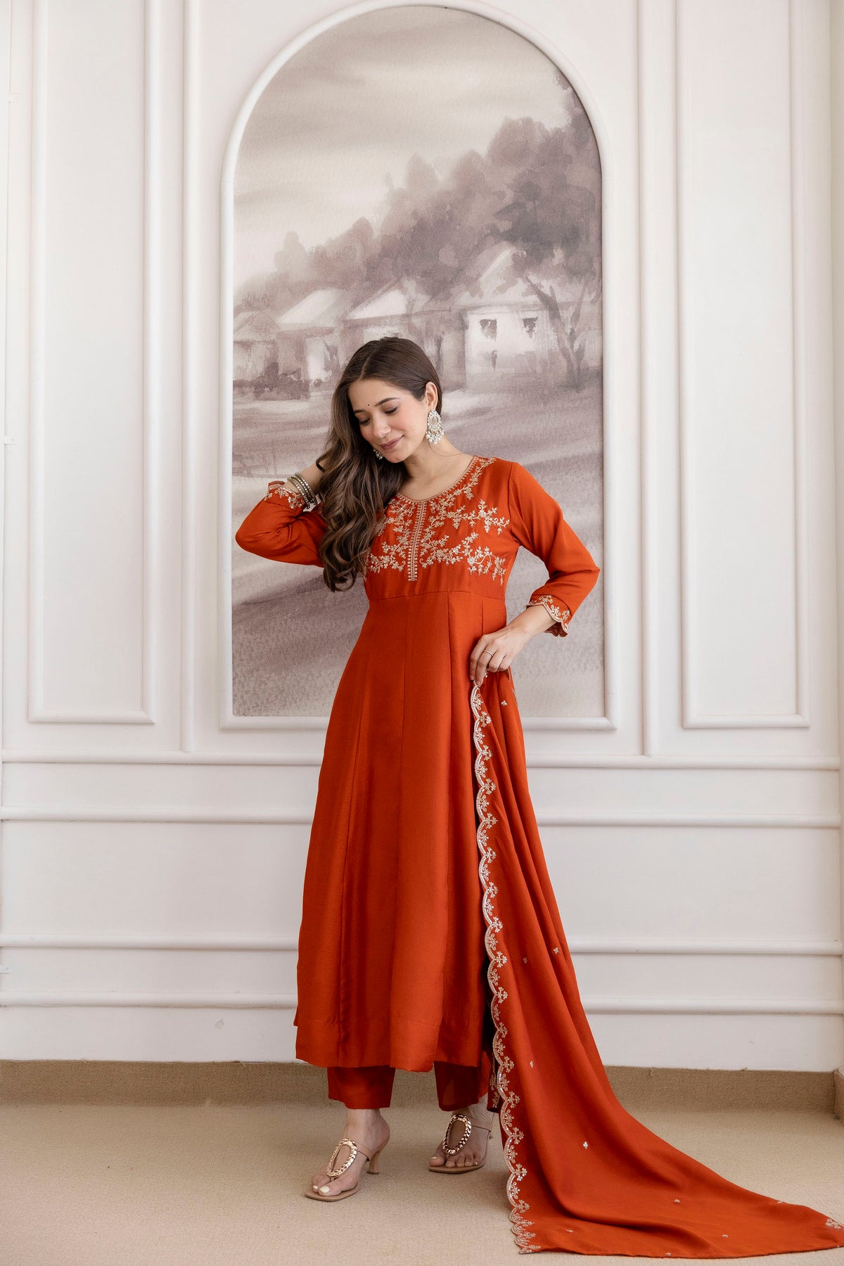 Women's Embroidered Vichitra Silk Kurta Pant Set with Dupatta