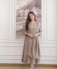 Women's Embroidered Vichitra Silk Kurta Pant Set with Dupatta thumbnail