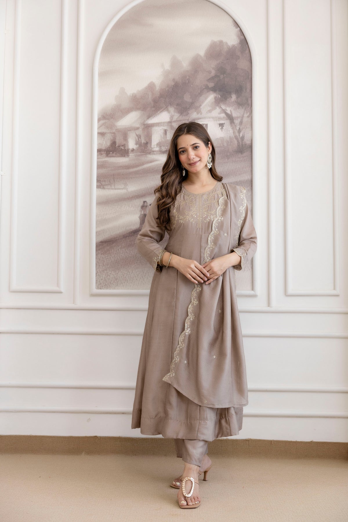 Women's Embroidered Vichitra Silk Kurta Pant Set with Dupatta