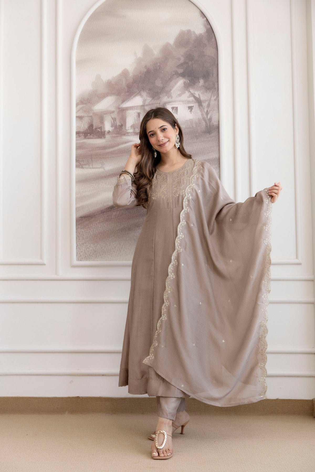 Women's Embroidered Vichitra Silk Kurta Pant Set with Dupatta