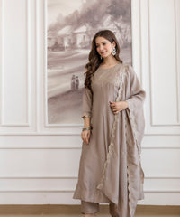 Women's Embroidered Vichitra Silk Kurta Pant Set with Dupatta thumbnail