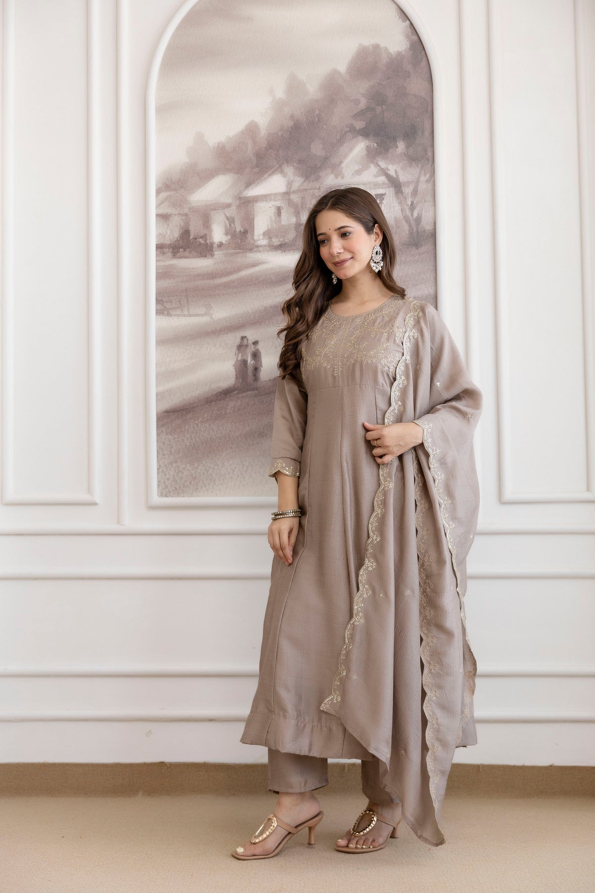 Women's Embroidered Vichitra Silk Kurta Pant Set with Dupatta