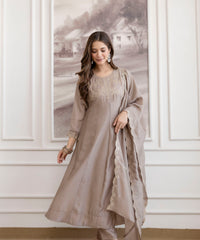 Women's Embroidered Vichitra Silk Kurta Pant Set with Dupatta thumbnail