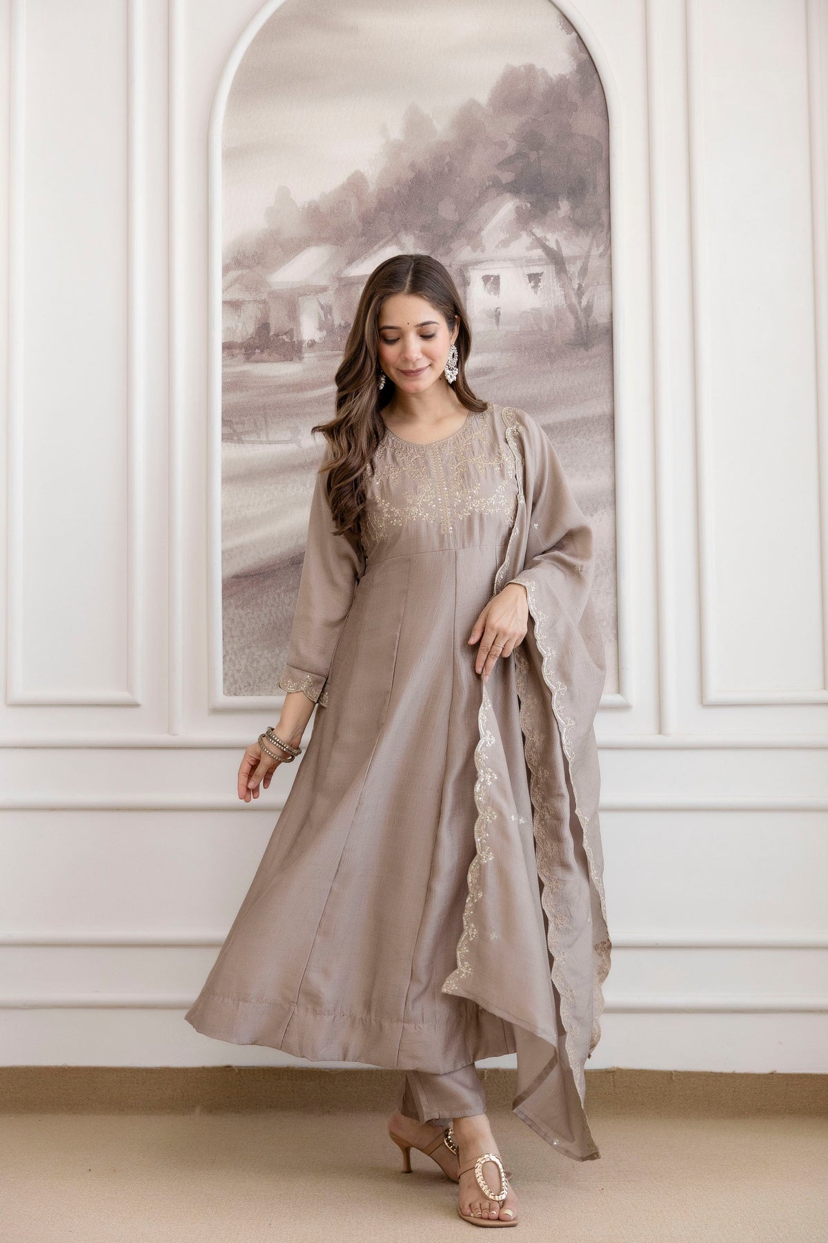 Women's Embroidered Vichitra Silk Kurta Pant Set with Dupatta