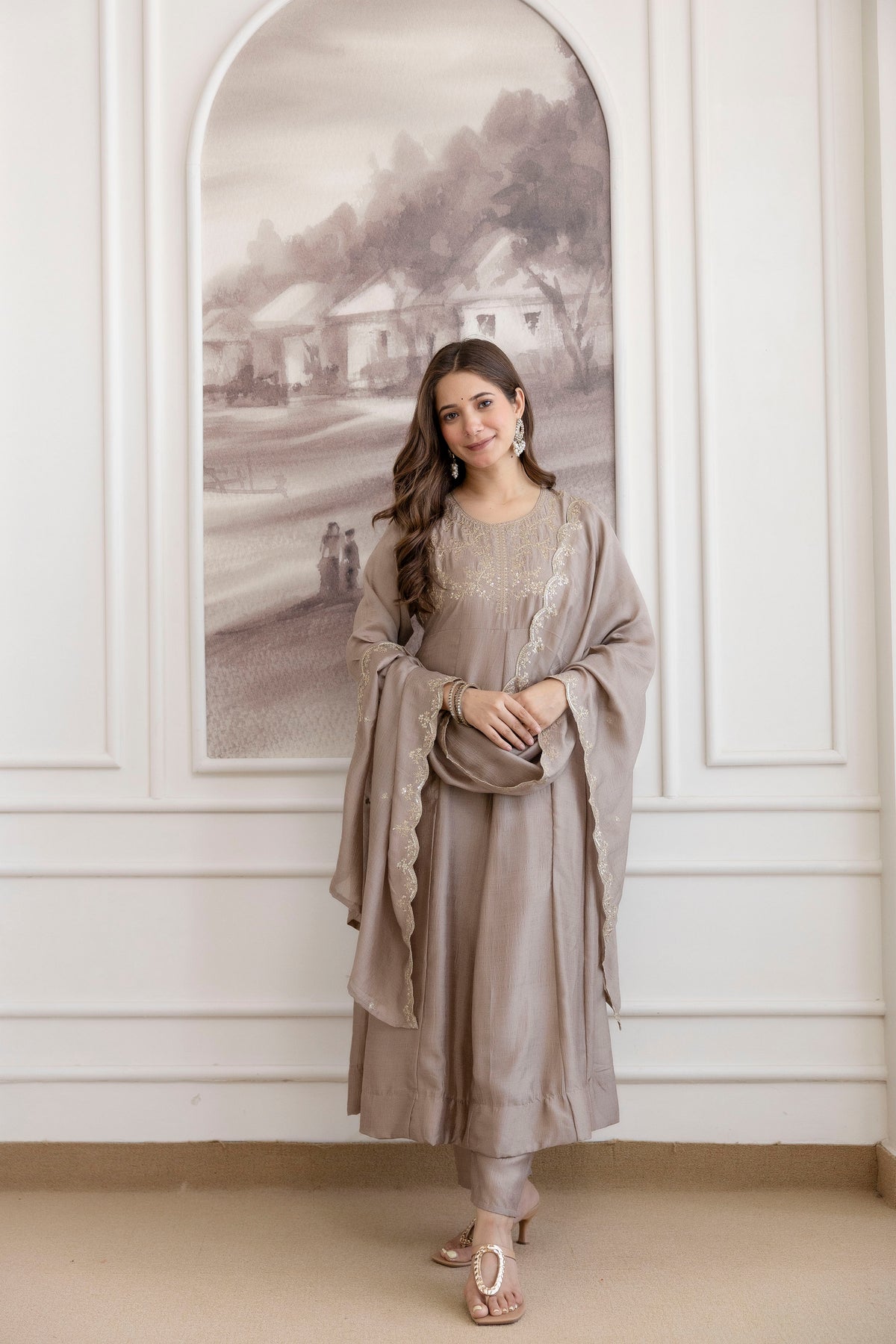 Women's Embroidered Vichitra Silk Kurta Pant Set with Dupatta