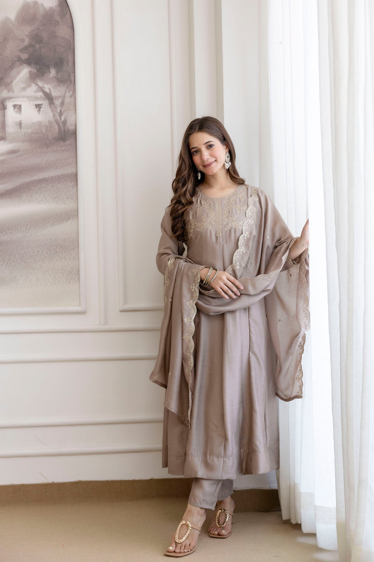 Women's Embroidered Vichitra Silk Kurta Pant Set with Dupatta