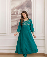 Women's Embroidered Vichitra Silk Kurta Pant Set with Dupatta thumbnail