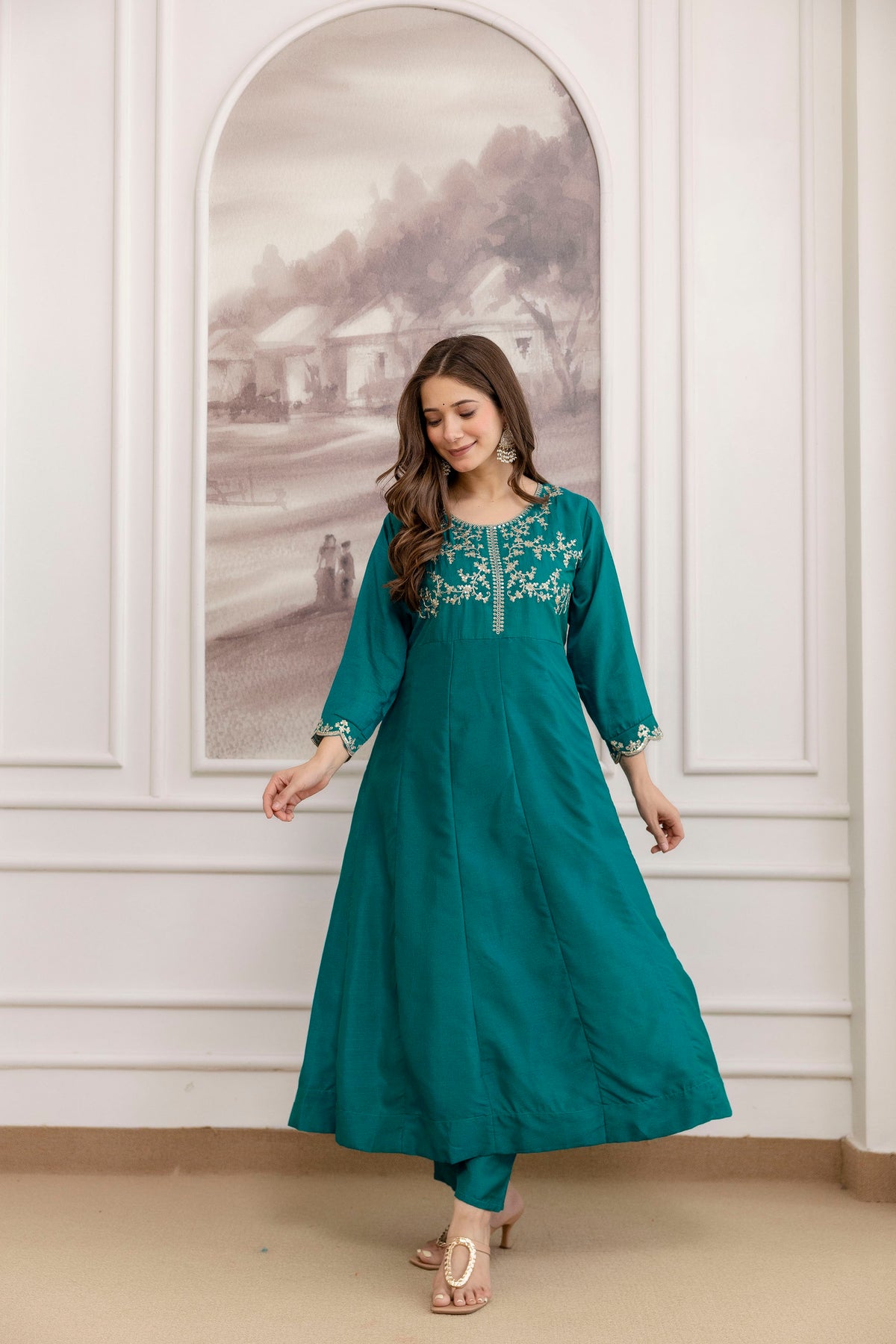 Women's Embroidered Vichitra Silk Kurta Pant Set with Dupatta