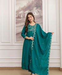 Women's Embroidered Vichitra Silk Kurta Pant Set with Dupatta thumbnail