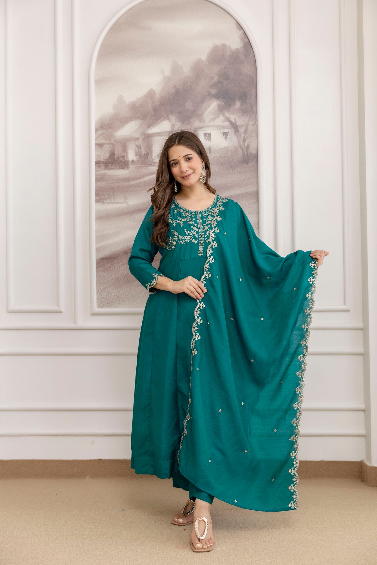 Women's Embroidered Vichitra Silk Kurta Pant Set with Dupatta