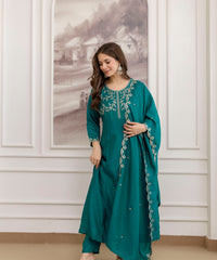 Women's Embroidered Vichitra Silk Kurta Pant Set with Dupatta thumbnail