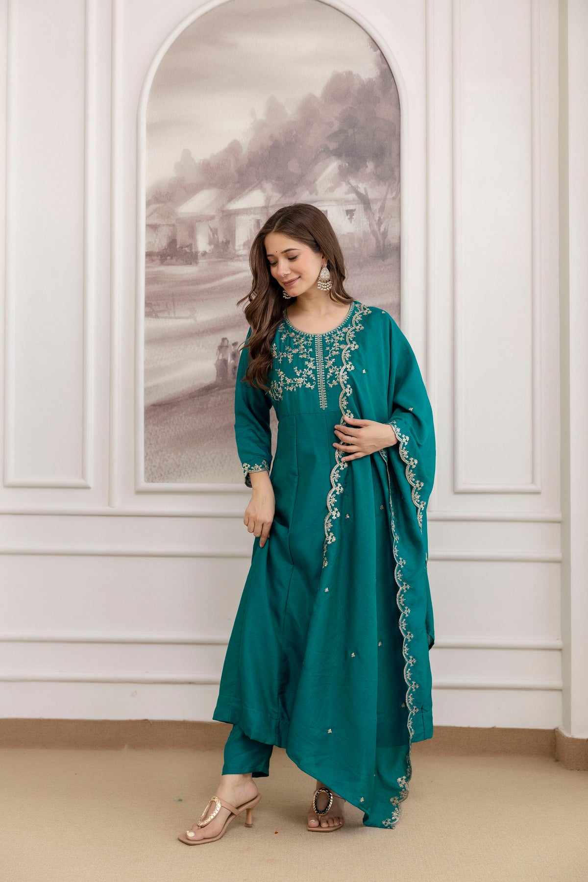 Women's Embroidered Vichitra Silk Kurta Pant Set with Dupatta