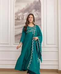 Women's Embroidered Vichitra Silk Kurta Pant Set with Dupatta thumbnail