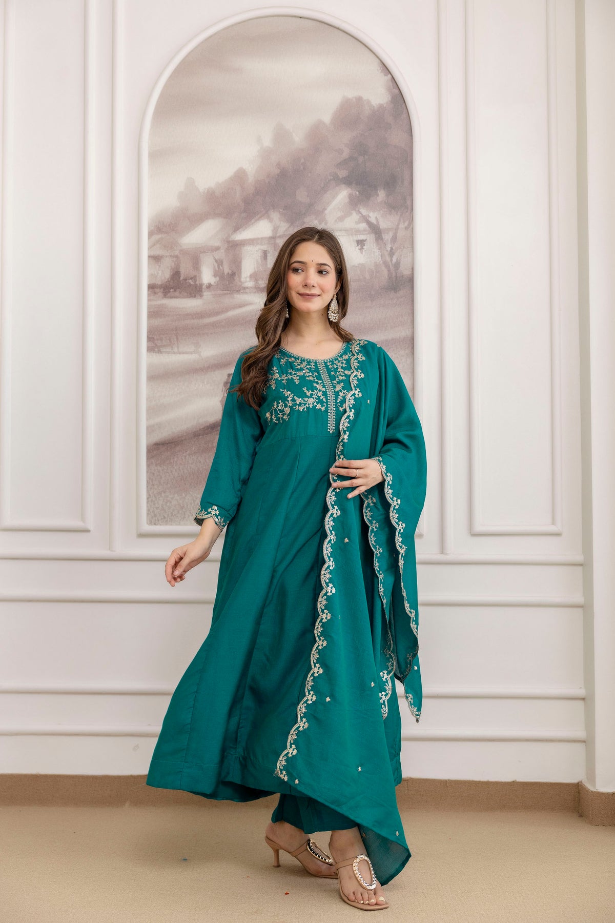 Women's Embroidered Vichitra Silk Kurta Pant Set with Dupatta