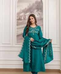 Women's Embroidered Vichitra Silk Kurta Pant Set with Dupatta thumbnail