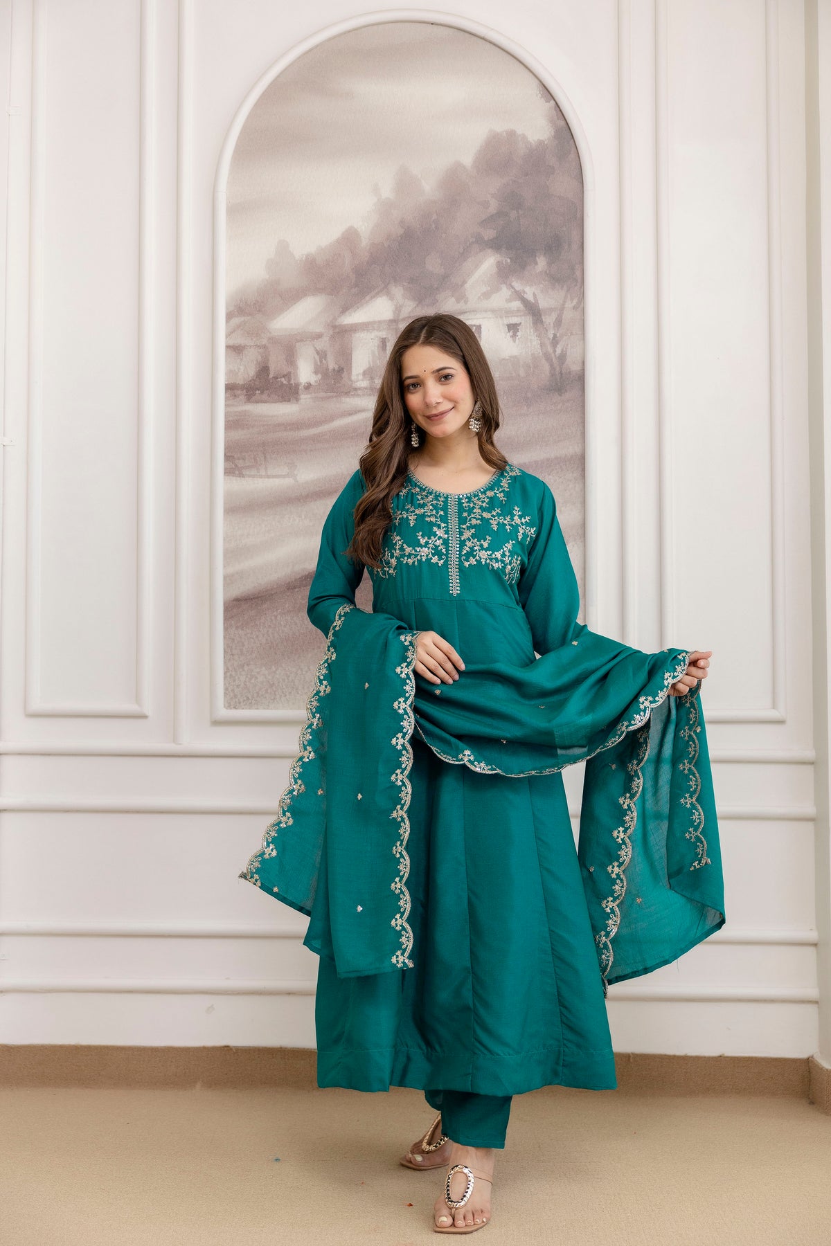 Women's Embroidered Vichitra Silk Kurta Pant Set with Dupatta