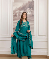 Women's Embroidered Vichitra Silk Kurta Pant Set with Dupatta thumbnail